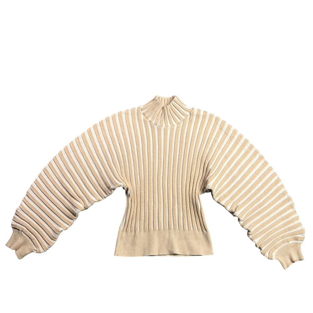 Free People Women's XS Mad Chill Mock Neck Balloon Sleeve Ribbed Sweater‎ Tan